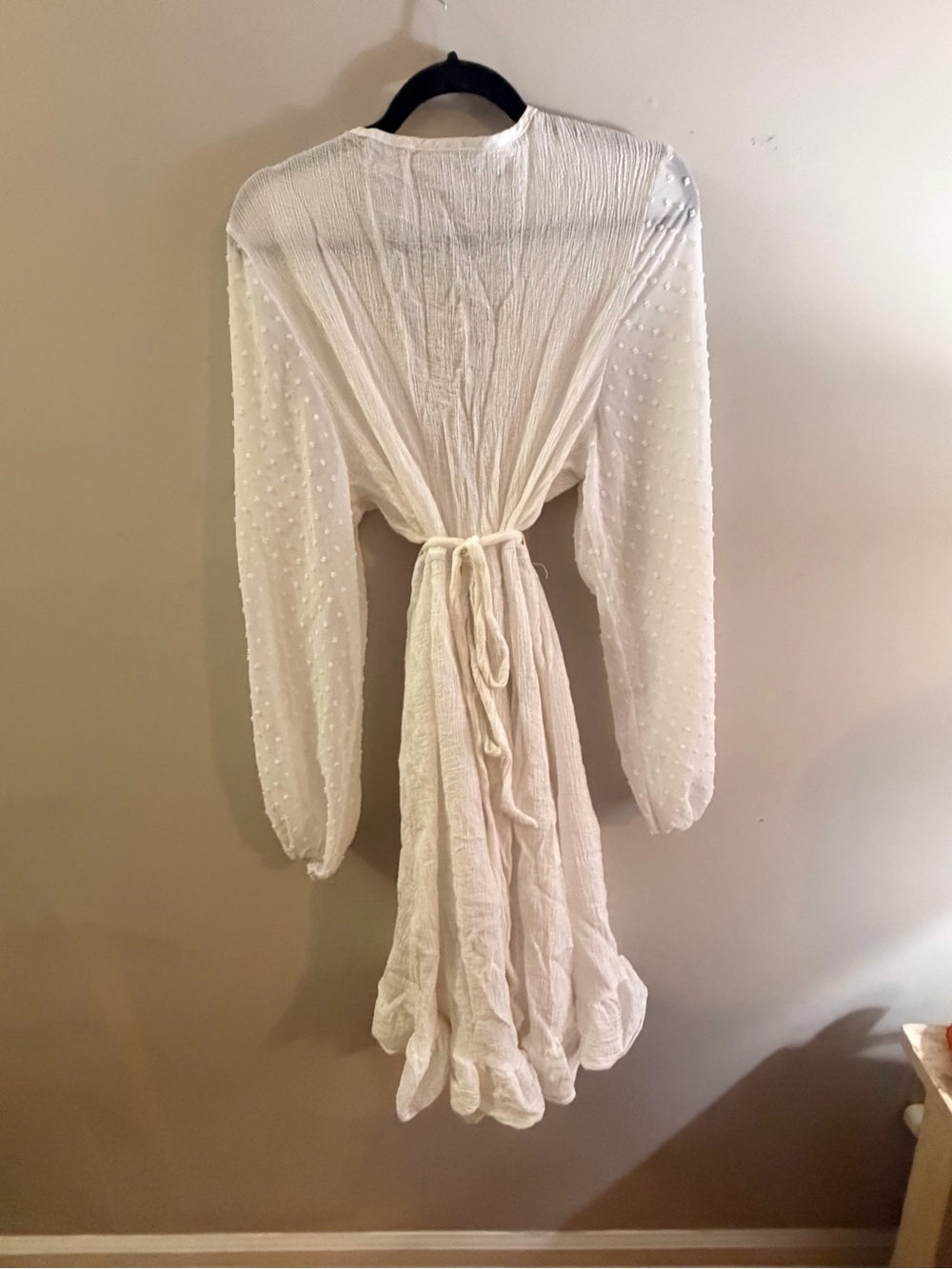 SHEIN White Curve Dress with Tie Waist with sheer dotted long sleeves. - Picture 8 of 9
